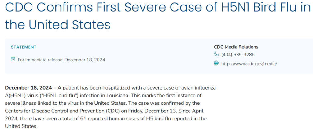 CDC confirms first severe case of H5N1 in a human in the U.S. 12.18.24