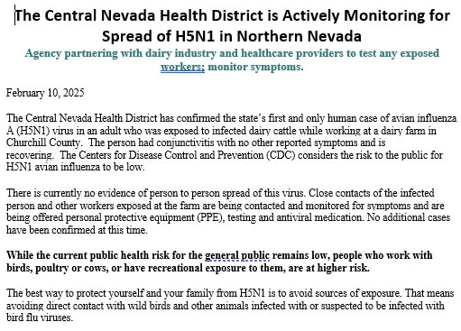 Nevada reports first H5N1 human bird flu case in cattle farm worker