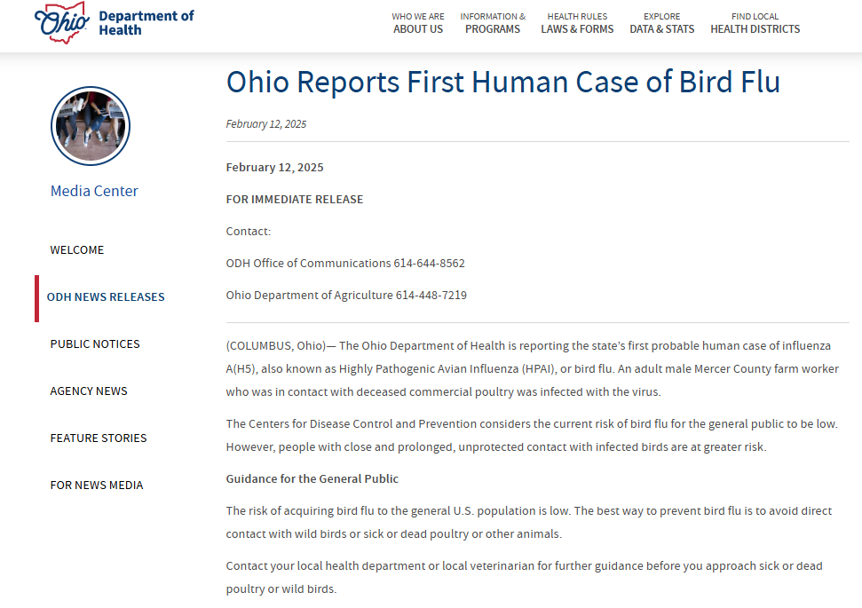 Ohio reports first case of human H5N1 bird flu in a poultry worker