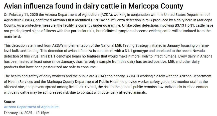 2.14.2025 Maricopa County, Arizona reports genotype D1.1 in dairy cattle 2.14.2025 Maricopa County, Arizona reports genotype D1.1 in dairy cattle
