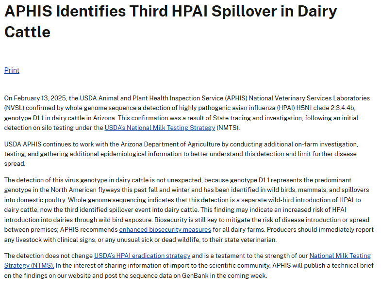 2.14.2025 USDA confirms H5N1 genotype D1.1 in dairy cattle in Arizona