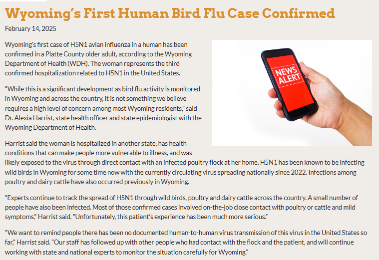 Wyoming reports first case of H5N1 bird flu in a woman exposed to a backyard flock who is currently hospitalized